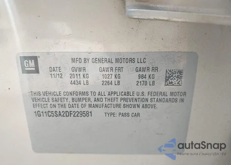 2013 Chevrolet Malibu 1Lt z USA, uszkodzony, nr VIN 1G11C5SA2DF229581